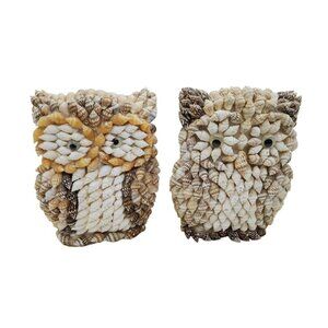 vintage 1970s everglades trading co. sea shell folk art set of 2 owls.